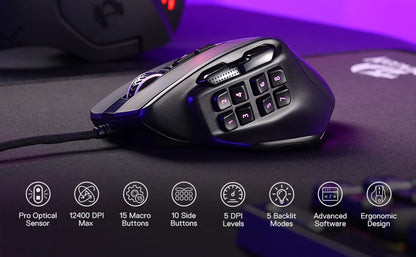 Rato Gaming MMO Redragon M811 Aatrox, rato gamer RGB com fios e 15 botões programáveis, com construção ergonómica para uma pega natural