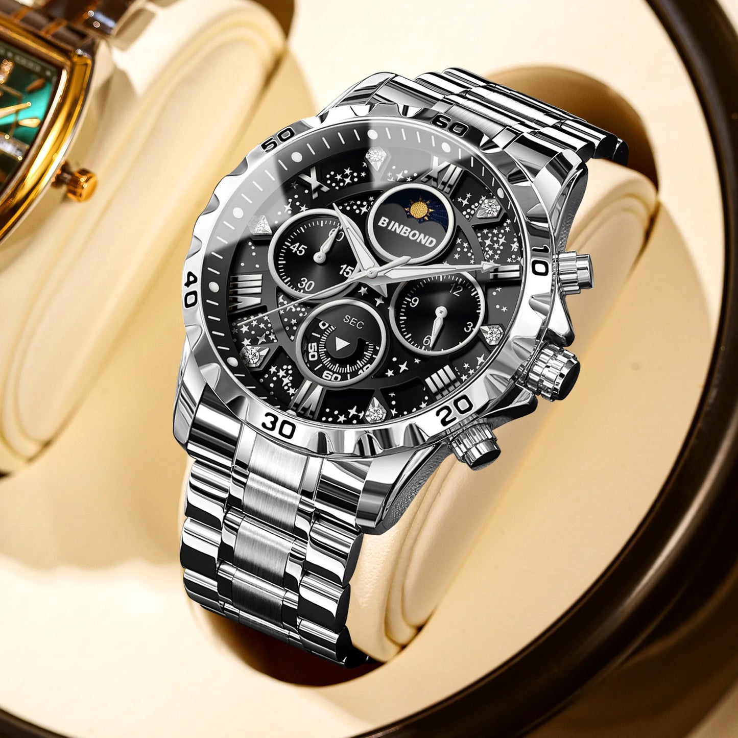 2026 Herrenuhr – leichter Luxus, Business-Stahlarmband, Mondphase, Sternennacht-Design, wasserdicht, modische Quarzuhr für Herren, Geschenk