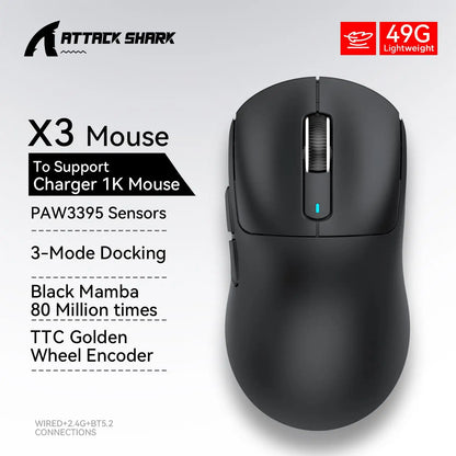 Mouse Gaming Wireless X3 ATTACK SHARK colore rosso, polling rate 4K, connessione Bluetooth tri-mode, PAW3395, mouse gaming Bluetooth con macro