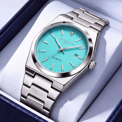Orologio al quarzo da uomo CHRONOS – Cinturino in acciaio inossidabile, impermeabile, lancette luminescenti, datario – Ideale per il lavoro, lo sport o l’uso quotidiano