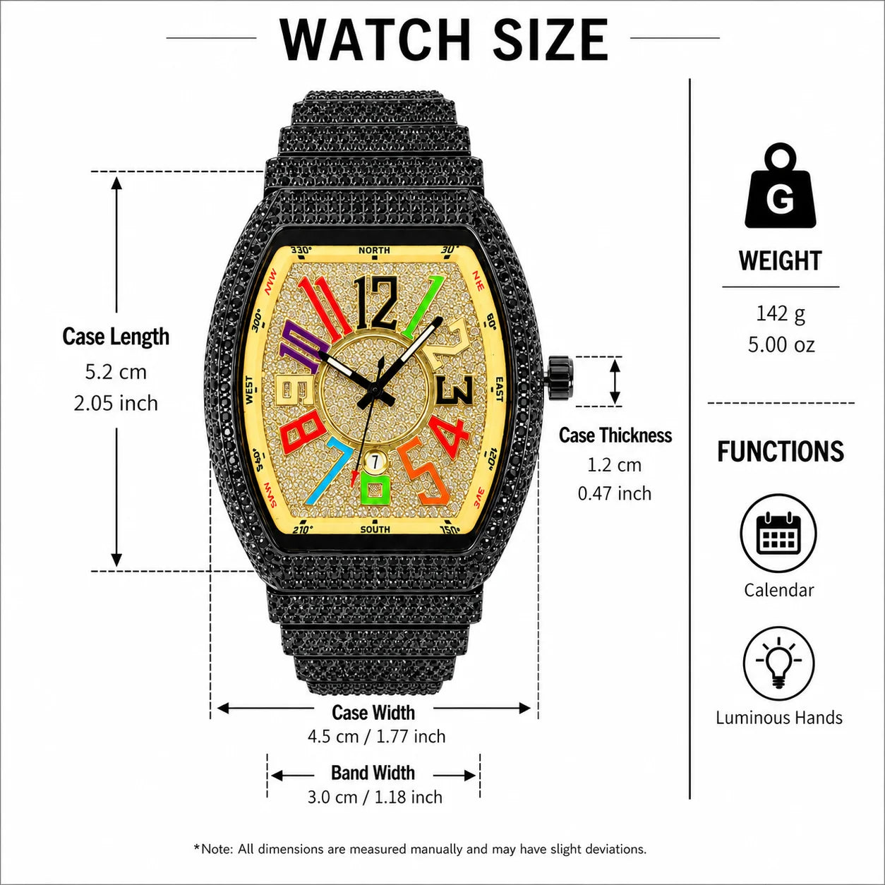 Men's Luxury Barrel-Shaped Quartz Watch With Black Iced Diamond Rainbow Number Dial Luminous Hands Watches For Man Dropshipping