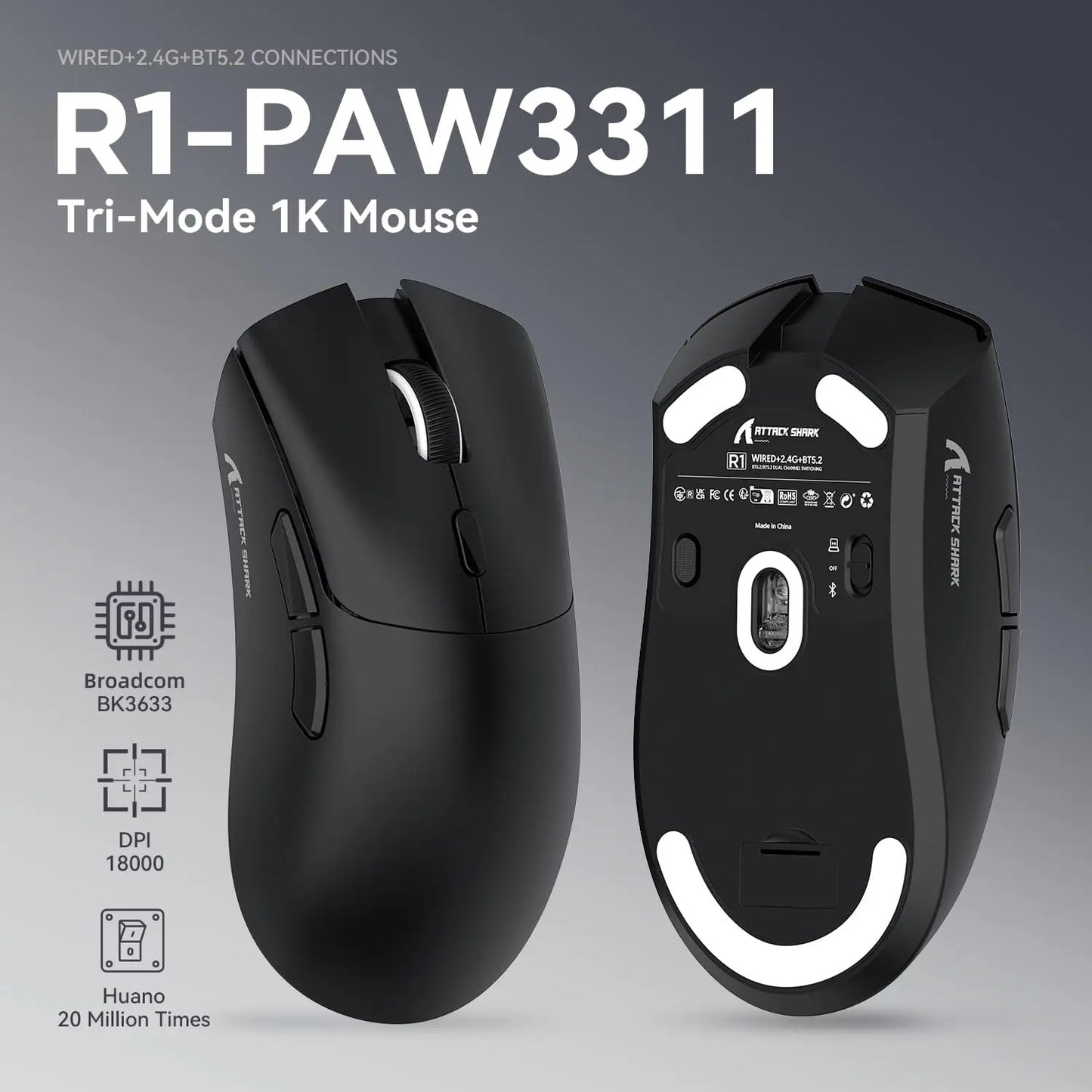 ATTACK SHARK R1 Superlight Wireless Gaming Mouse, 59g Ultra-Light Mouse with PixArt PAW3311 Sensor, 18000 DPI, Tri-Mode Bluetooth & 2.4GHz, 65H Battery
