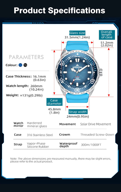 NORTH EDGE New TRITON Solar Powered Diving Watch for Man Luxury Quartz Wristwatches 316L Stainless Steel Case Waterproof 300M