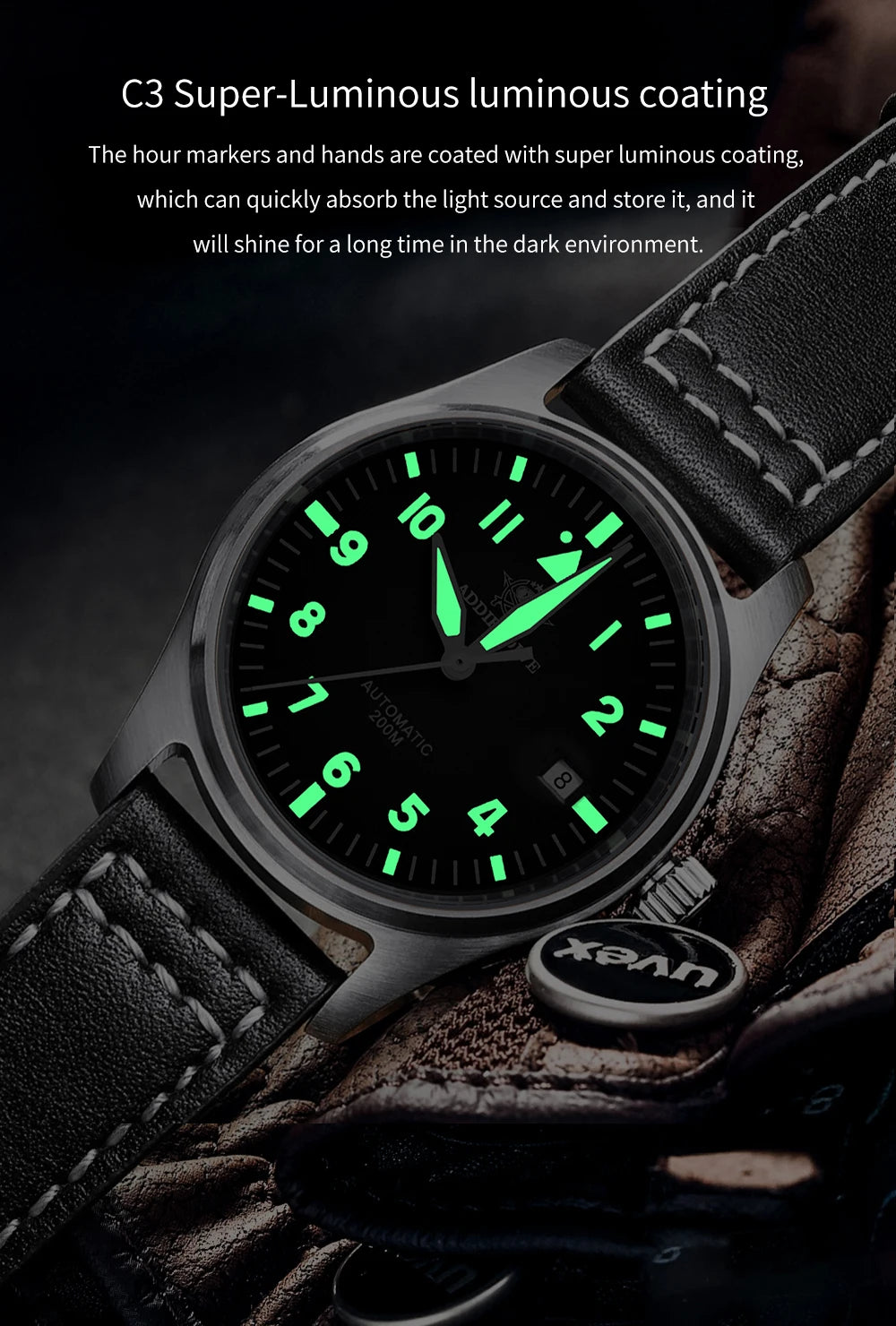 ADDIESDIVE Men's Automatic Mechanical Diving Watch 200m Waterproof C3 Ultra Bright Men's Watch Men's Leather Retro Watch AD2519