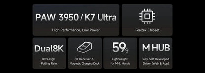 MCHOSE K7 Ultra bezdrátová herní myš PAW3950, duální 8K polling rate, lehká magnetická bezdrátová nabíjecí dokovací stanice, e-sport a kancelář