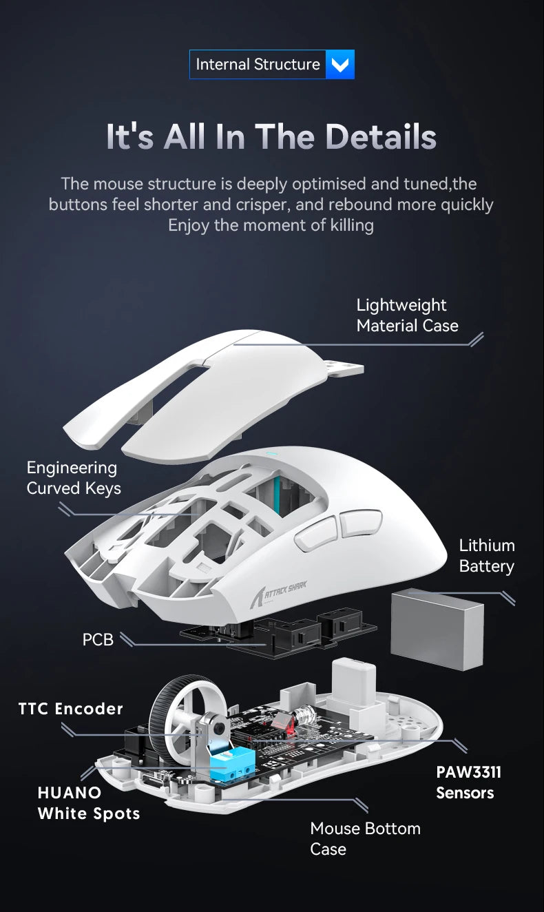 Mouse wireless Attack Shark X11&R1 Tri Mode Bluetooth con base di ricarica RGB, ergonomico e leggero, accessorio per PC gamer