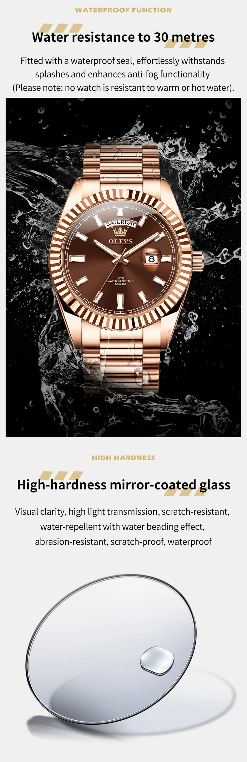 OLEVS Men's Watch Top Brand Luxury Wrist Watch For Men Fashion Rose Gold Stainless Steel Waterproof Watch Day Date Quartz Clock