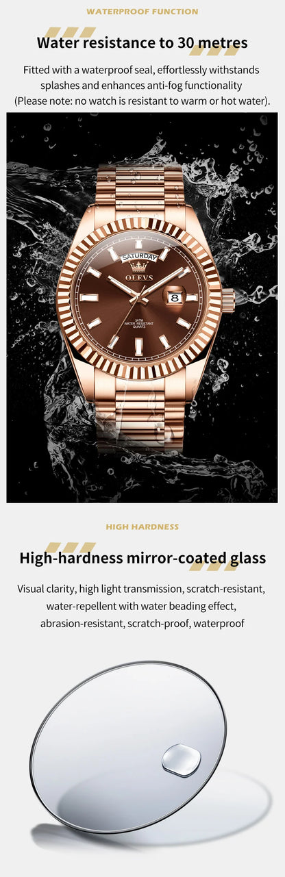 OLEVS Men's Watch Top Brand Luxury Wrist Watch For Men Fashion Rose Gold Stainless Steel Waterproof Watch Day Date Quartz Clock