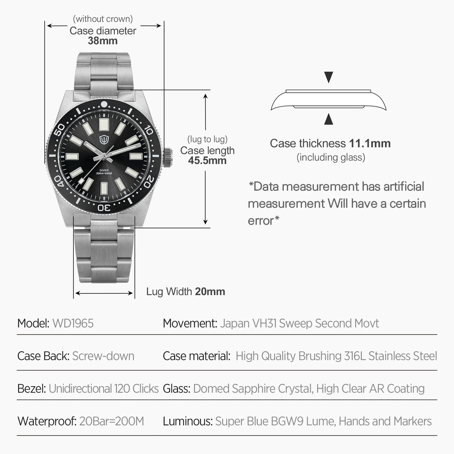 Watchdives WD1965 Luxury Men's Watch VH31 Sweep Second Quartz Movement 38mm Watch Night Light 20Bar Waterproof Watches
