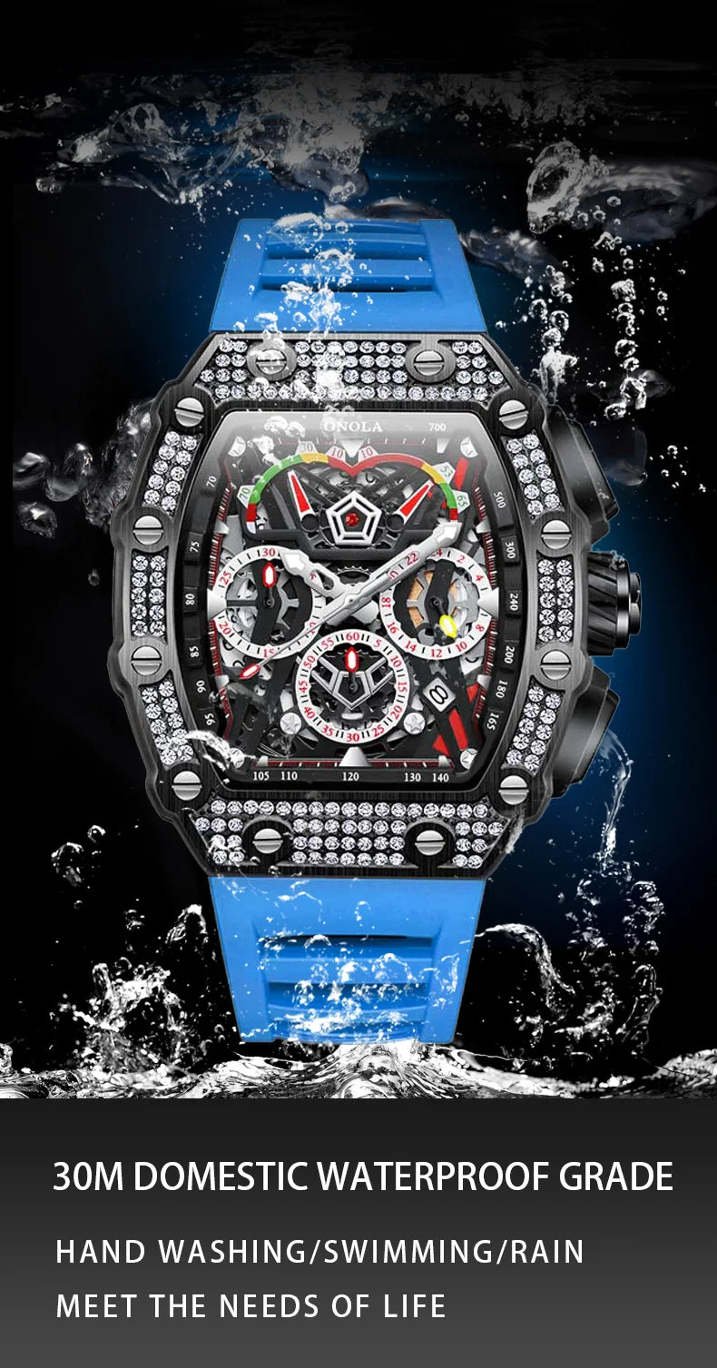 ONOLA Luxury Diamond Mechanical Wristwatches Fashion Sports Square Date Waterproof Automatic Man Watch Men Military Watch Clock