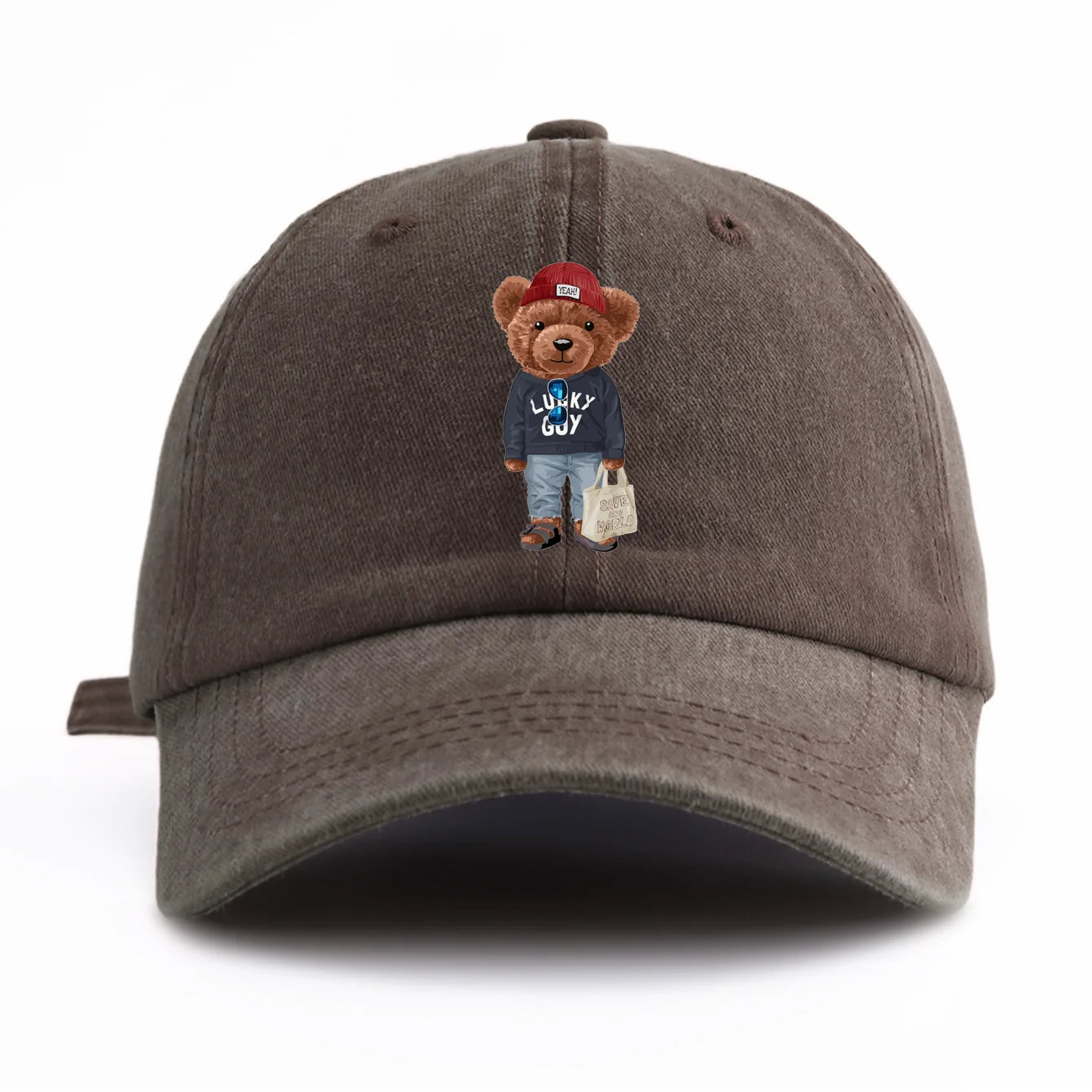 1pc Tote-bag Bear Print Washed Baseball Cap for Adults,  Minimalist Retro Style Casual Soft Adjustable Dad Hat, Perfect As Gift
