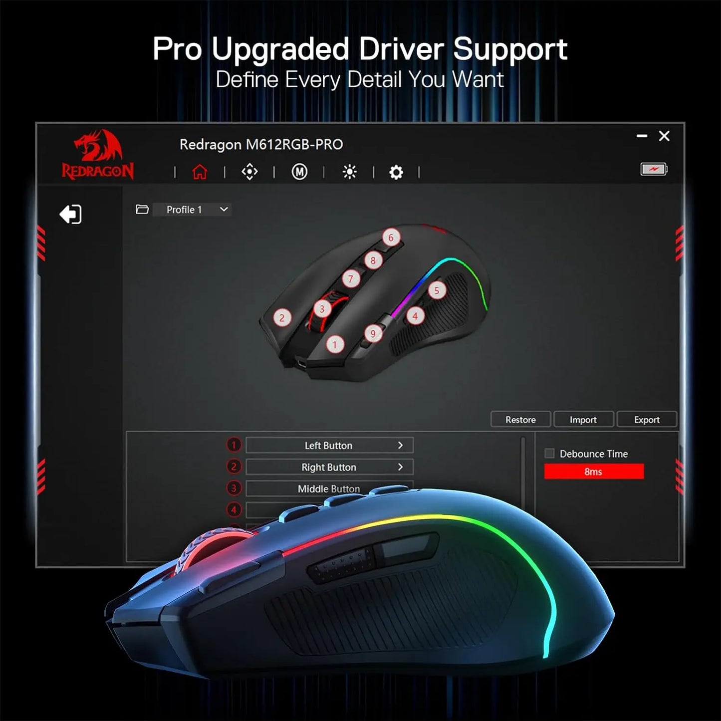 Herná myš Redragon M612 PRO BT & 2.4RGB, optická hráčska myš s 8000 DPI, káblové/bezdrôtové pripojenie, 11 programovateľných tlačidiel a 6 režimov podsvietenia