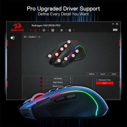 Herná myš Redragon M612 PRO BT & 2.4RGB, optická hráčska myš s 8000 DPI, káblové/bezdrôtové pripojenie, 11 programovateľných tlačidiel a 6 režimov podsvietenia