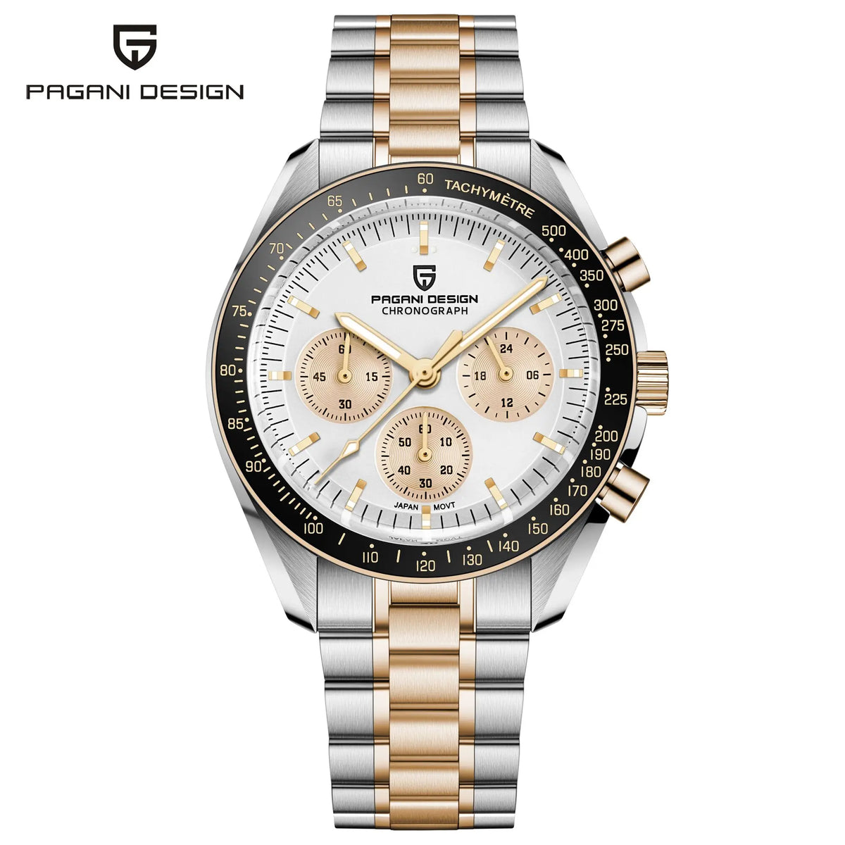 Relógio para homem PAGANI DESIGN «New Moon» – Relógio de quartzo de luxo, cronógrafo, vidro de safira com tratamento antirreflexo, luneta em cerâmica, ponteiros luminescentes