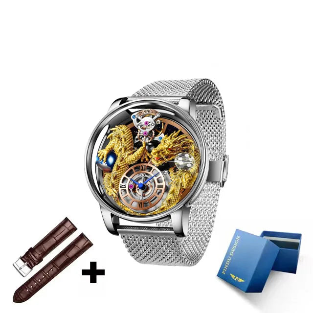 PINDU Fashion Roman Numeral Display Mineral Tempered Glass Material Quartz Movement 3ATM Waterproof Celestial Dragon Men's Watch
