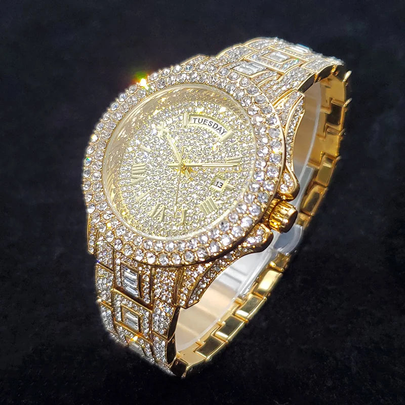 Luxury Diamond Watch for Men Fashion Bling Iced Out Day Date Watches Hip Hop Golden Stainless Steel Quartz Man Clock Hot Sale