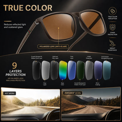 Ochelari de soare polarizați clasici, pătrați, unisex, UV400, ușori, pentru condus, pescuit, activități în aer liber și călătorii