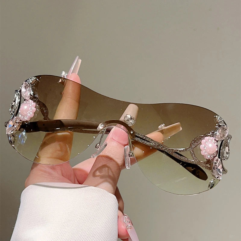 Ochelari de soare KAMMPT fără ramă Y2k cu strasuri, pentru femei, monobloc, pentru activități în aer liber, cu design la modă și lentile cu gradient
