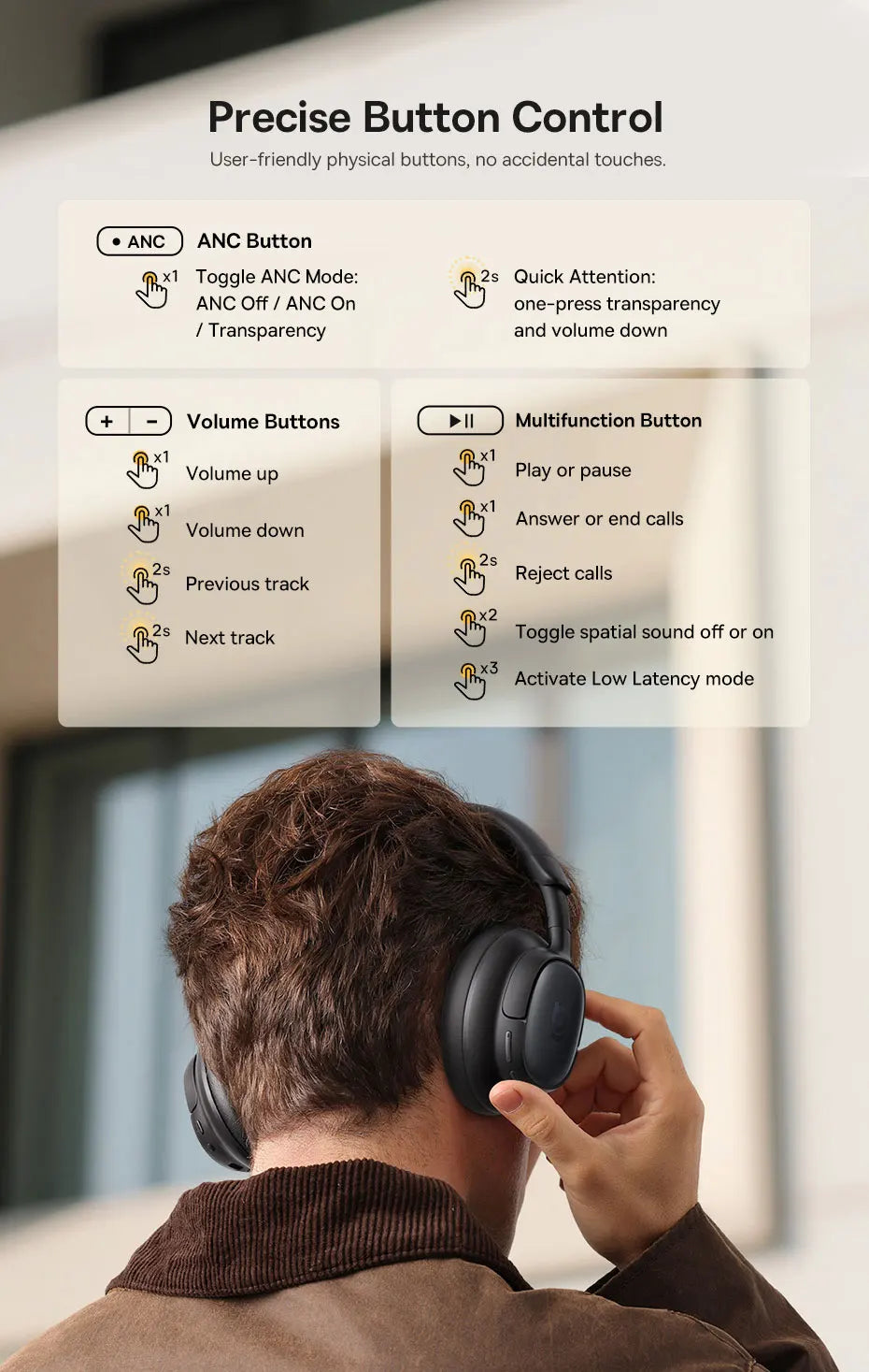 Baseus Bowie MH1 Bluetooth Headphones 48dB Noise Cancellation Hi-res LDAC Over Ear Headset Audio Wireless Earphone Earbuds
