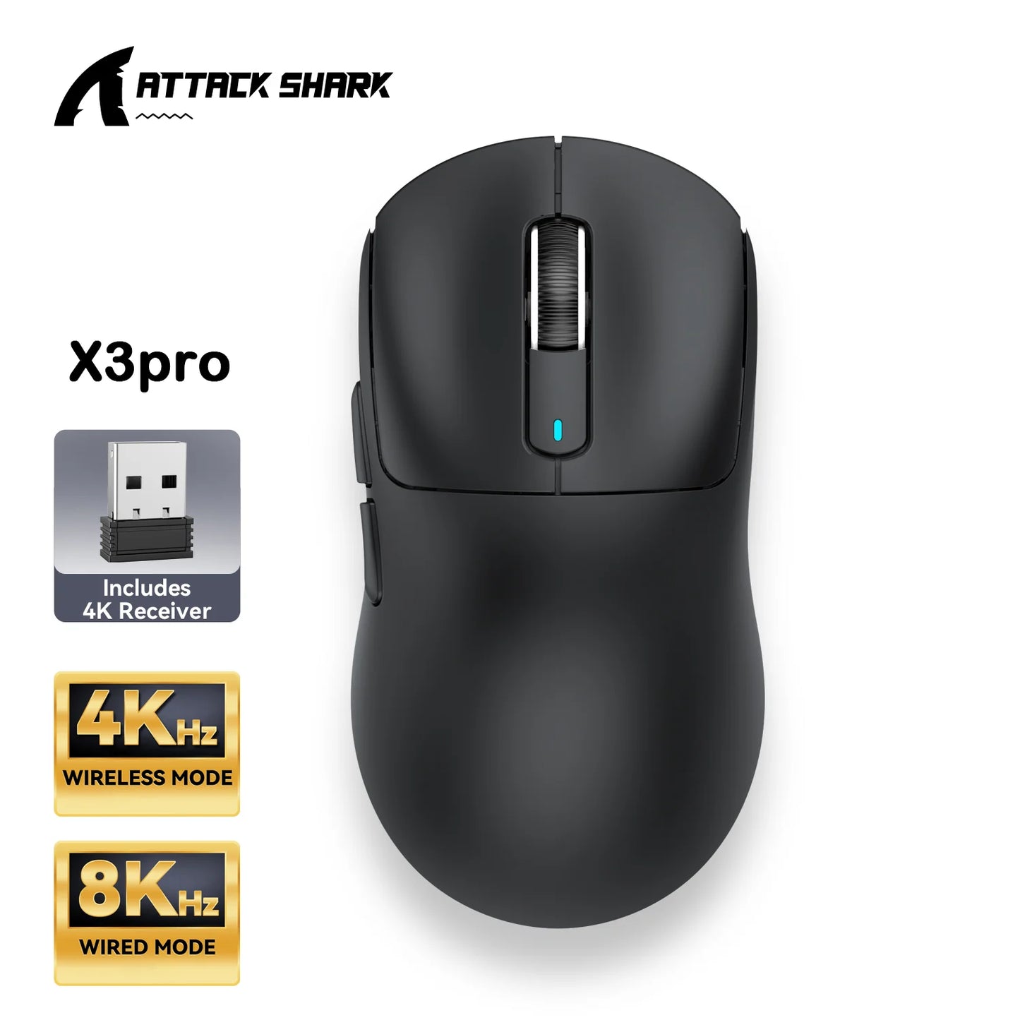 ATTACK SHARK X3/X3PRO 4K/8K bezdrôtová herná myš, 26K DPI, tri režimy pripojenia (káblové/2.4GHz/BT5.2), ľahká konštrukcia, senzor PAW3395 pre hráčov