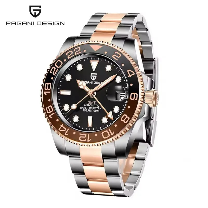 Montre mécanique pour homme PAGANI DESIGN (40 mm) – Cadran violet, fonction GMT, bracelet type Jubilee, verre saphir, étanche, mouvement automatique
