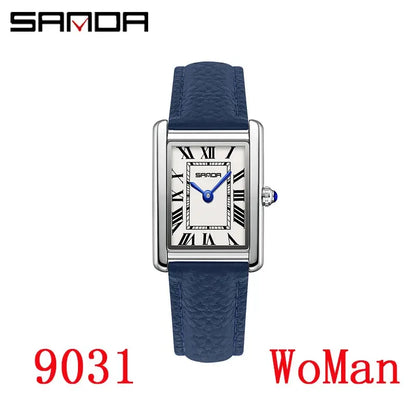 SANDA New Couple Tank Watches Wear Resistant Leather Strap Luxury Square Dial Waterproof Sports Casual Men Women Quartz Watches