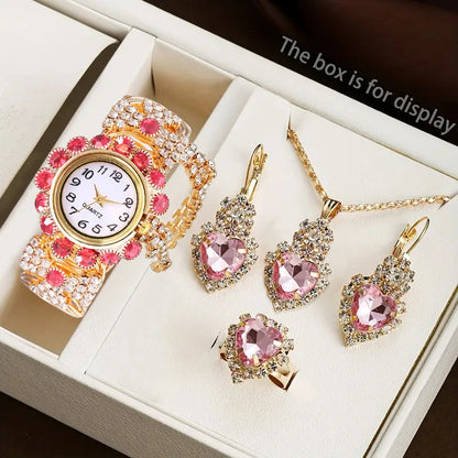 5PCS Luxury Rhinestone Women Watches Jewelry Set Fashion Adjustable Bangle Ladies Quartz Wristwatch Reloj Mujer（Without Box）