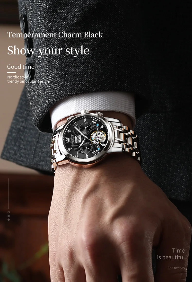 OLEVS 9910 Original Men's Automatic Mechanical Watch Luxury Skeleton Stainless steel Waterproof Luminous Watches