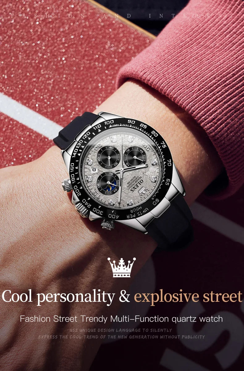 OLEVS 2875 Quartz Watch for Men Original Luxury Brand Silicone Strap Chronograph Auto Date Waterproof Moon Phase Sport Man Watch