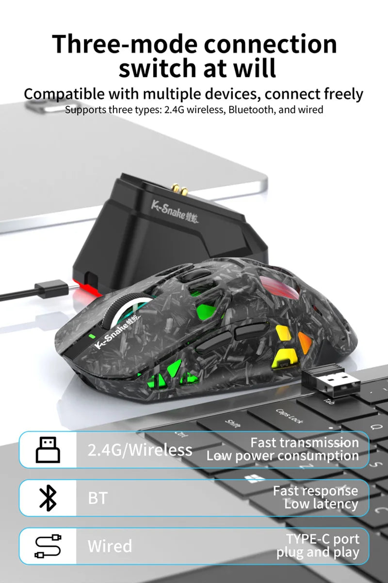 Лека геймърска мишка Lenovo Tri-Mode с RGB зарядна докинг станция 12000DPI 2.4G/Bluetooth/кабелна ергономична мишка за PC и лаптоп
