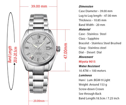 Cronos Men Watch 39mm Automatic Miyota 9015 Movement Wristwatches White Dial Birch Pattern Solid Links Sapphire 10 ATM L6040M