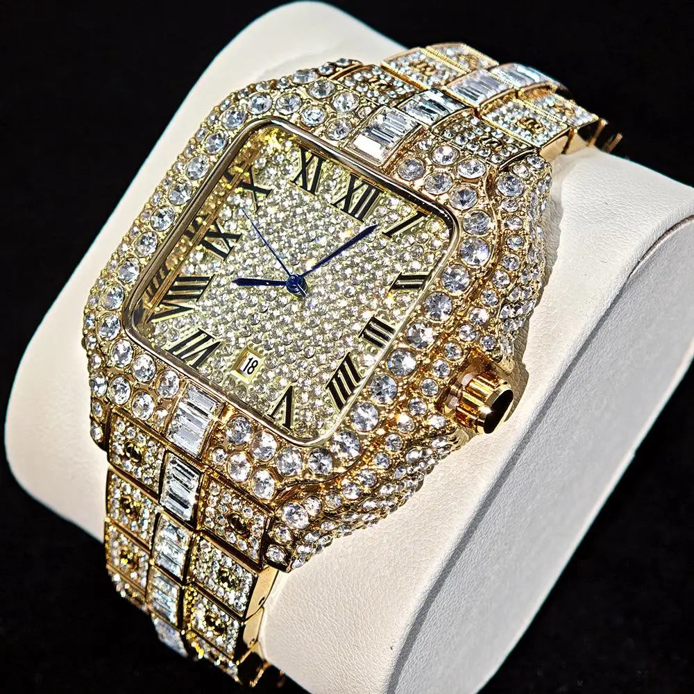 UNIGUET Fashion Diamond Watch for Men Luxury Waterproof Square Quartz Clocks Hip Hop Ice Out Jewelry Wristwatch Male Hot Sell