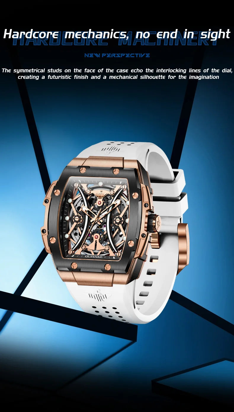 OUPINKE Men's Watches Classic Luxury Tonneau Dial Top Brand Original Automatic Mechanical Wristwatch Silicone Strap Sapphire New