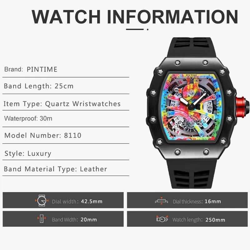 Luxury Watch Men Wrist Watches Tonneau Multifunction Graffiti Dial Auto Date Waterproof Sports Casual Clock Men Quartz Watches
