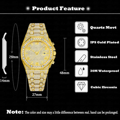 Gold Watches For Men Full Iced Diamond Men's Quartz Watch Luxury Fashion Calendar Wristwatch Dropshipping