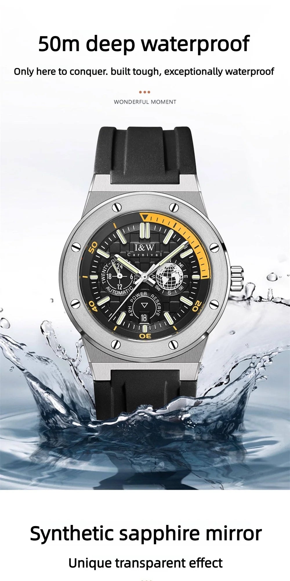 Carnival Brand IW High-End Series Luxury Imported Movement Mechanical Watch Men Sport Rubber Strap 50m Waterproof Fashion Watch