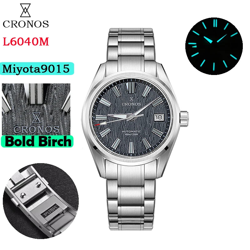 Cronos Men Watch 39mm Automatic Miyota 9015 Movement Wristwatches White Dial Birch Pattern Solid Links Sapphire 10 ATM L6040M
