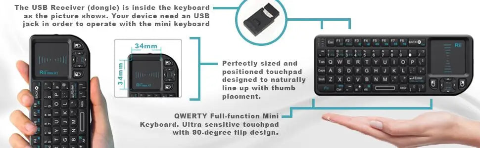 Rii Mini Wireless English Keyboard with TouchPad for Android TV Box/Mini PC/Laptop Mac, Laptop, Windows, Tablet