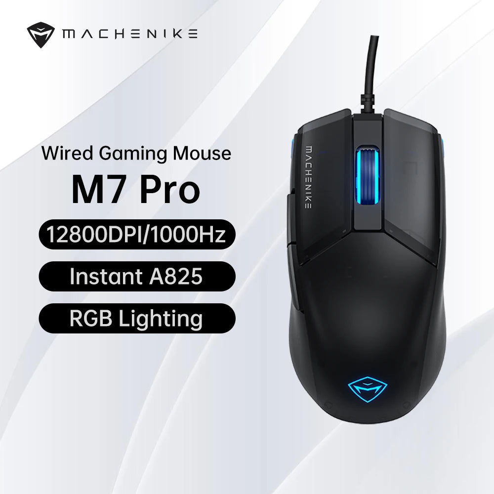 Machenike M7Pro kablet gamingmus USB Instant A825 12800DPI 1000Hz 7 knapper 65g RGB til bærbar PC gamer-mus