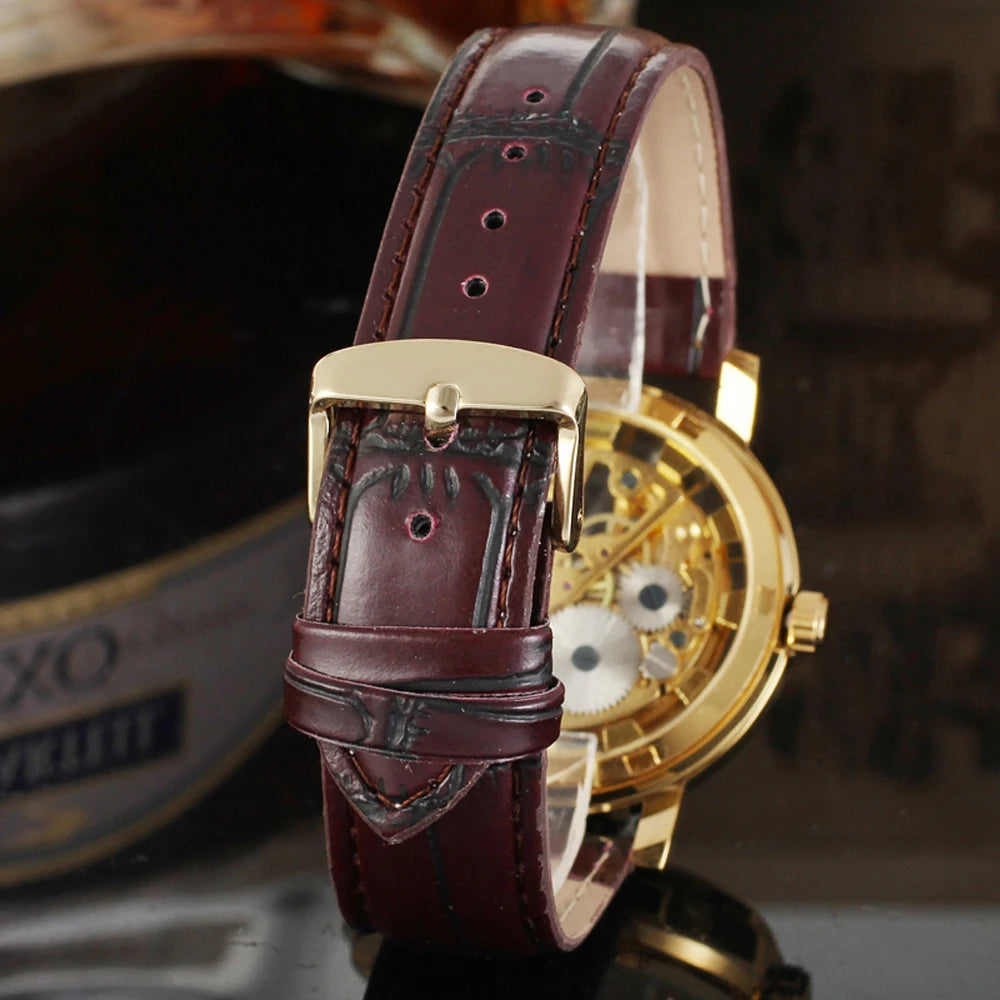T-Winner Popular Lovers Skeleton Design Gold Watches Mechanical Hand Wind Movement PU Leather Strap Wristwatch for Men Women