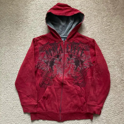 2026 New American Fashion Trend Goth Printed Zipper Hoodie Women Street Hip Hop Punk Rock Sweatshirt Unisex Casual Loose Hoodie