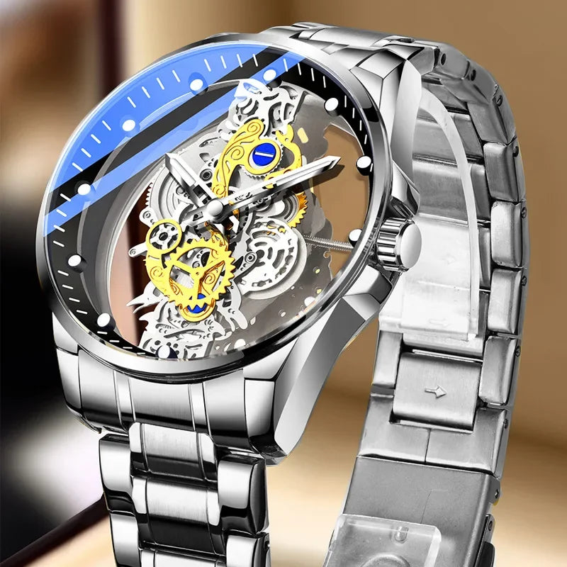 Trendy men’s watch, dual-opening model, luxury gold-tone style, imitation mechanical tourbillon, quartz movement.
