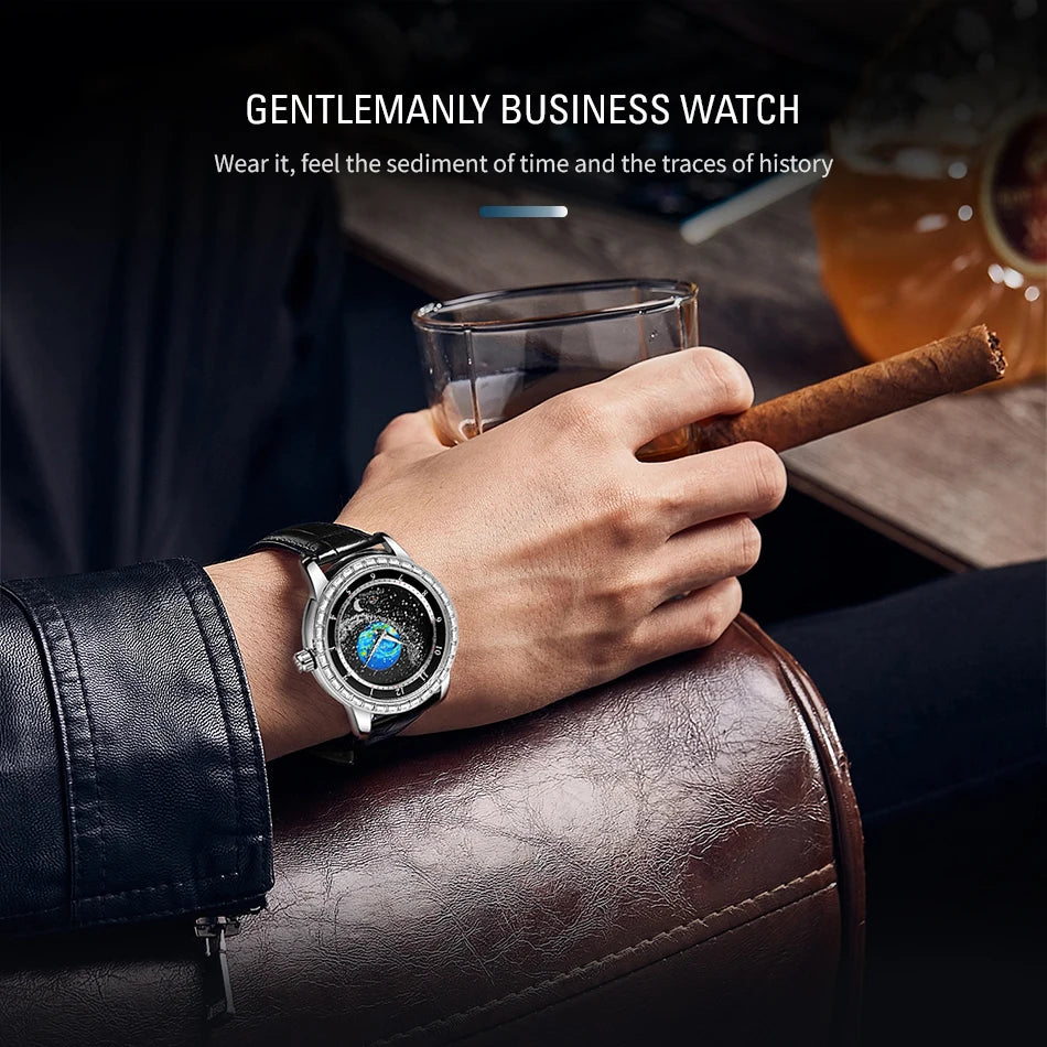 2026 FORSINING Design Earth Star Moon Set With Diamonds Genuine Belt Men Mechanical Automatic Watch Waterproof For Business