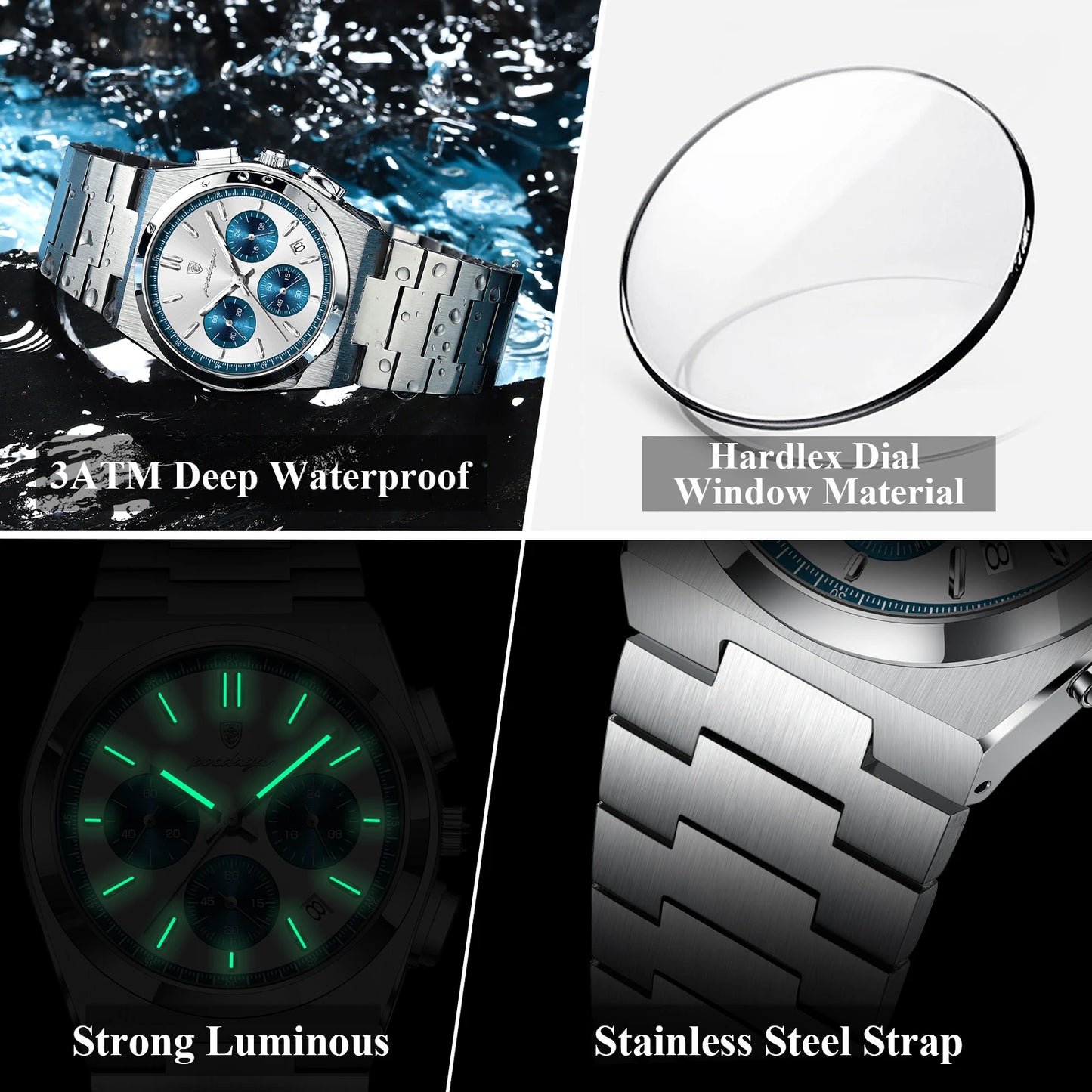 POEDAGAR Fashion Men's Wristwatch Chronograph Date Stainless Steel Quartz Man Clock Waterproof Luminous Business Watches For Men