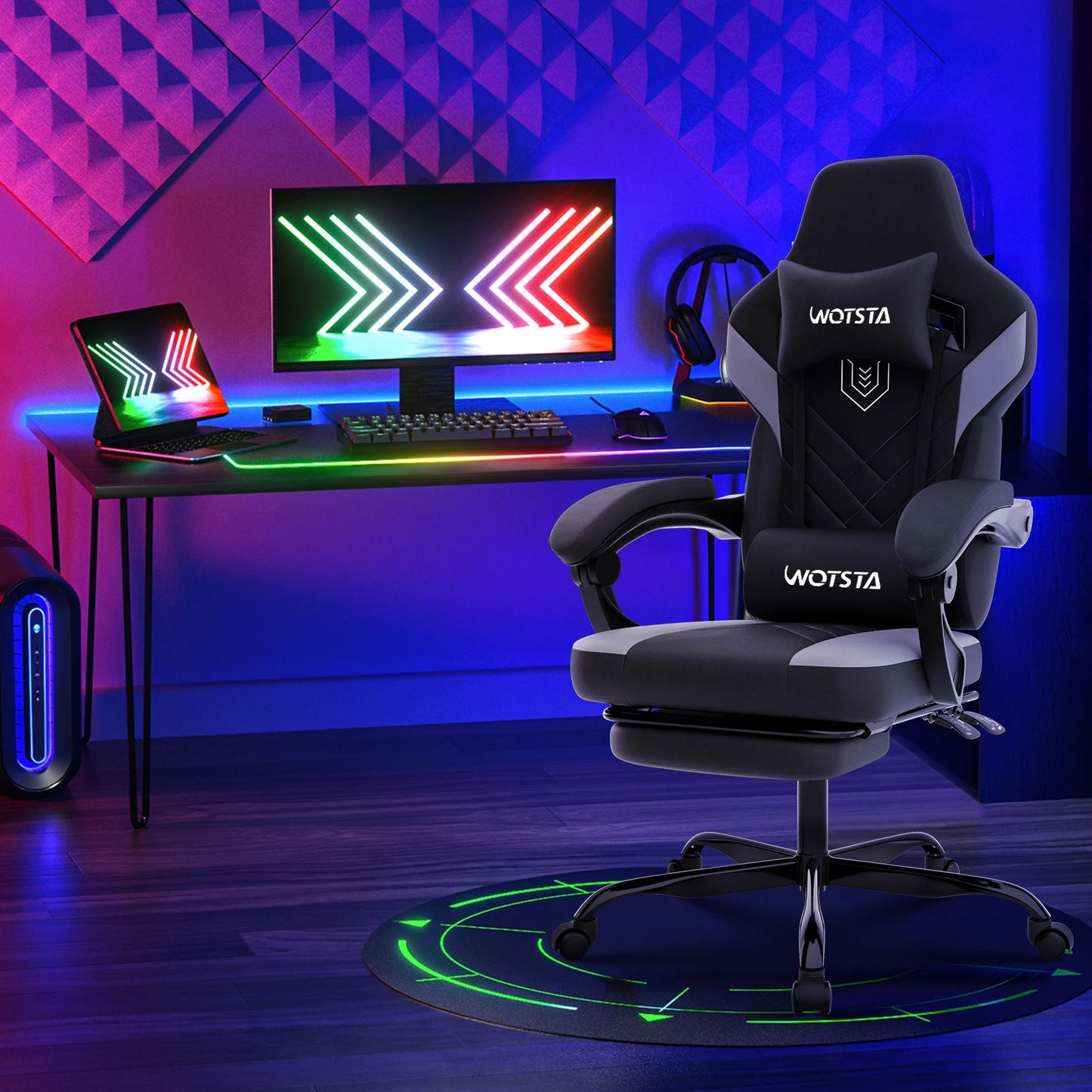 Gaming-Stuhl mit Fußstütze, ergonomischer Gamer-Stuhl mit Lendenkissen und Kopfstütze, höhenverstellbarer Computerstuhl