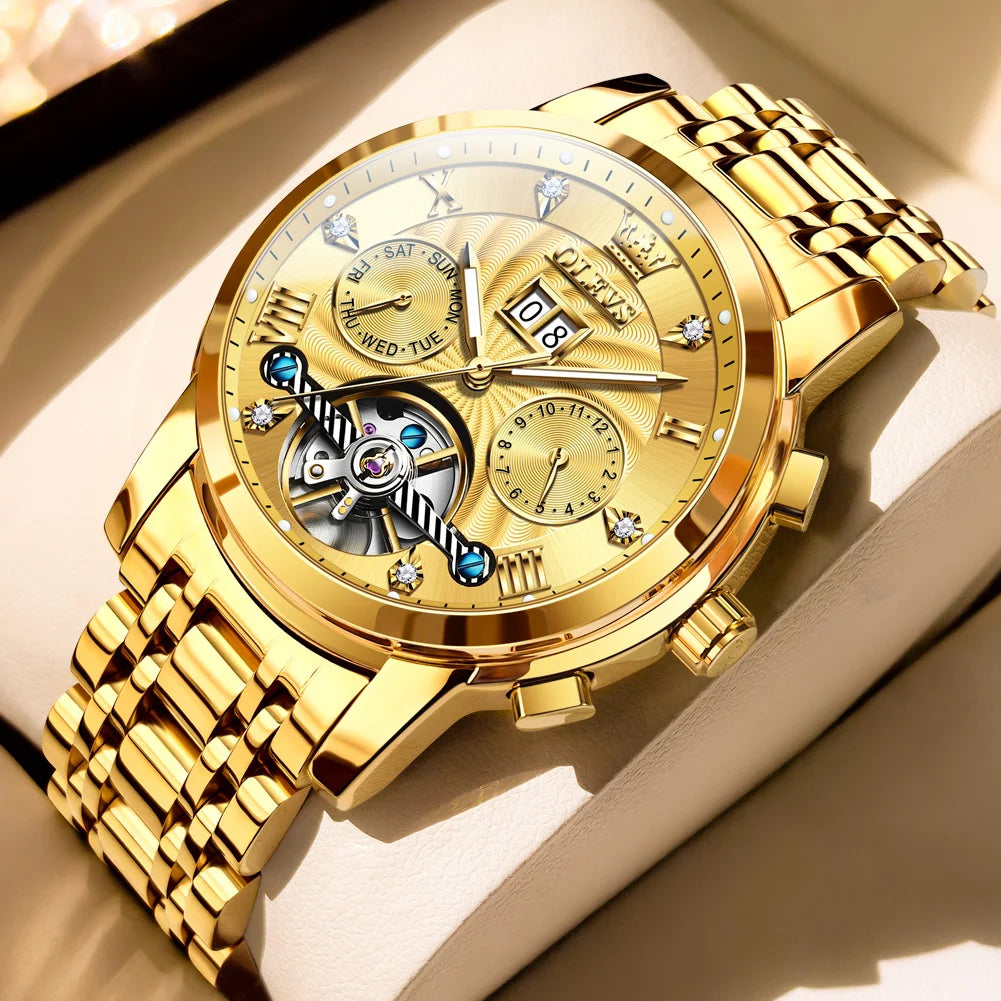 OLEVS Men's Watches 9910 Luxury Fashion Original Automatic Mechanical Watch for Man Waterproof Luminous Hollowed Out Movement