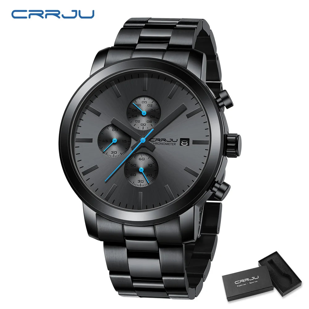 Relógio para homem CRRJU – Cronógrafo em aço inoxidável, estanque, com indicador de data, movimento analógico de quartzo, estilo elegante e profissional