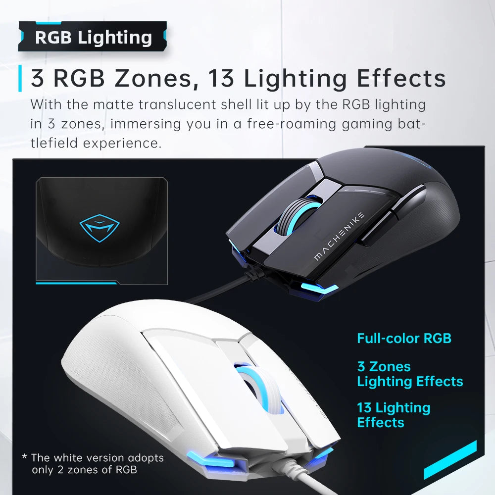 Machenike M7Pro kablet gamingmus USB Instant A825 12800DPI 1000Hz 7 knapper 65g RGB til bærbar PC gamer-mus