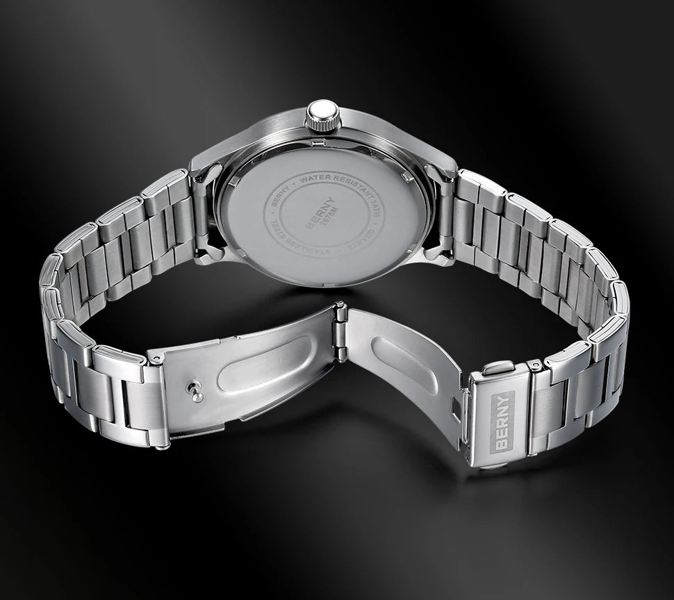BERNY Men Quartz Watch  Fashion Texture Wristwatch for Men Ultra Thin Men Watch Calendar Luminous Stainless Steel Dress Watches