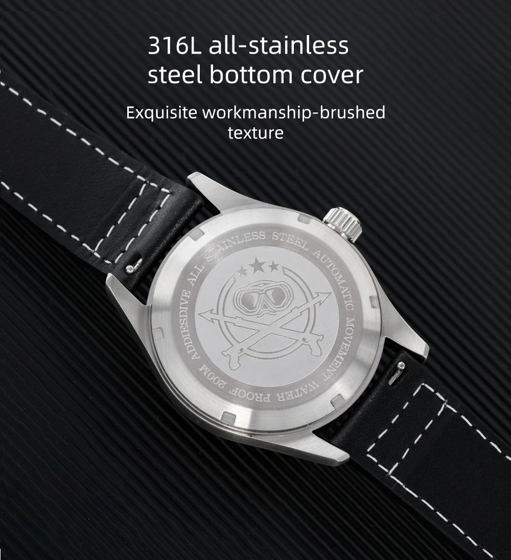 ADDIESDIVE Men's Automatic Mechanical Diving Watch 200m Waterproof C3 Ultra Bright Men's Watch Men's Leather Retro Watch AD2519